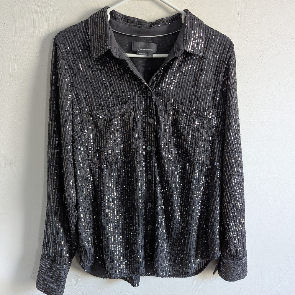 Anthropologie Silver Sequin Button Down Blouse